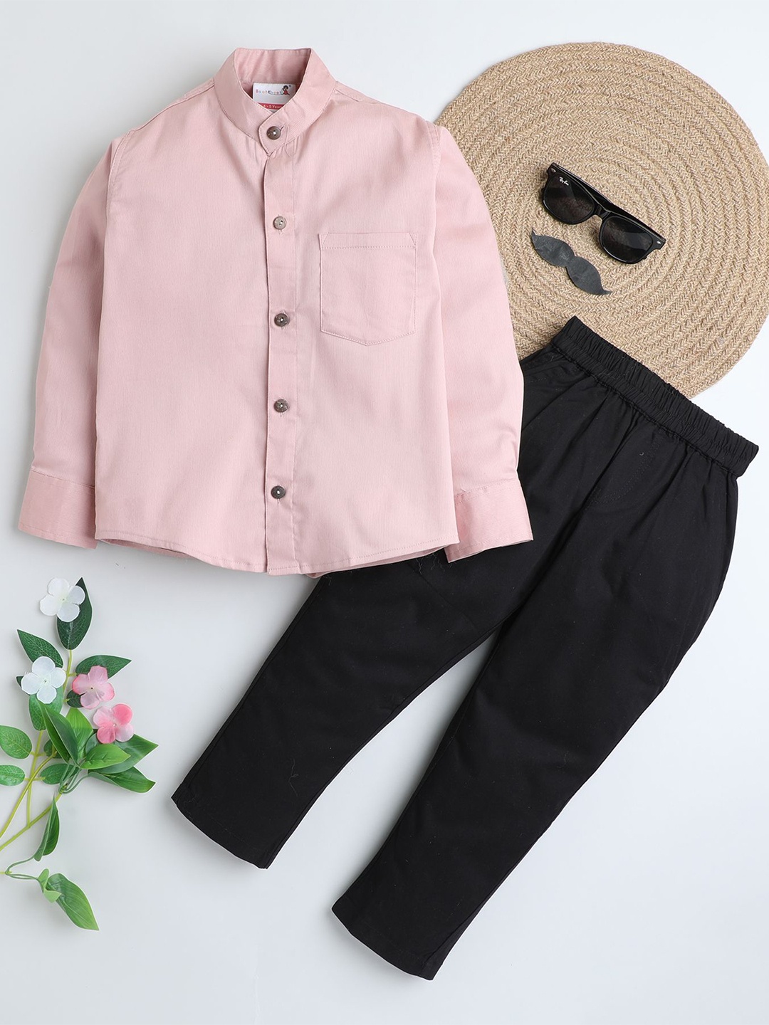 

BAATCHEET Boys Band Collar Long Sleeves Pure Cotton Shirt With Trouser, Pink
