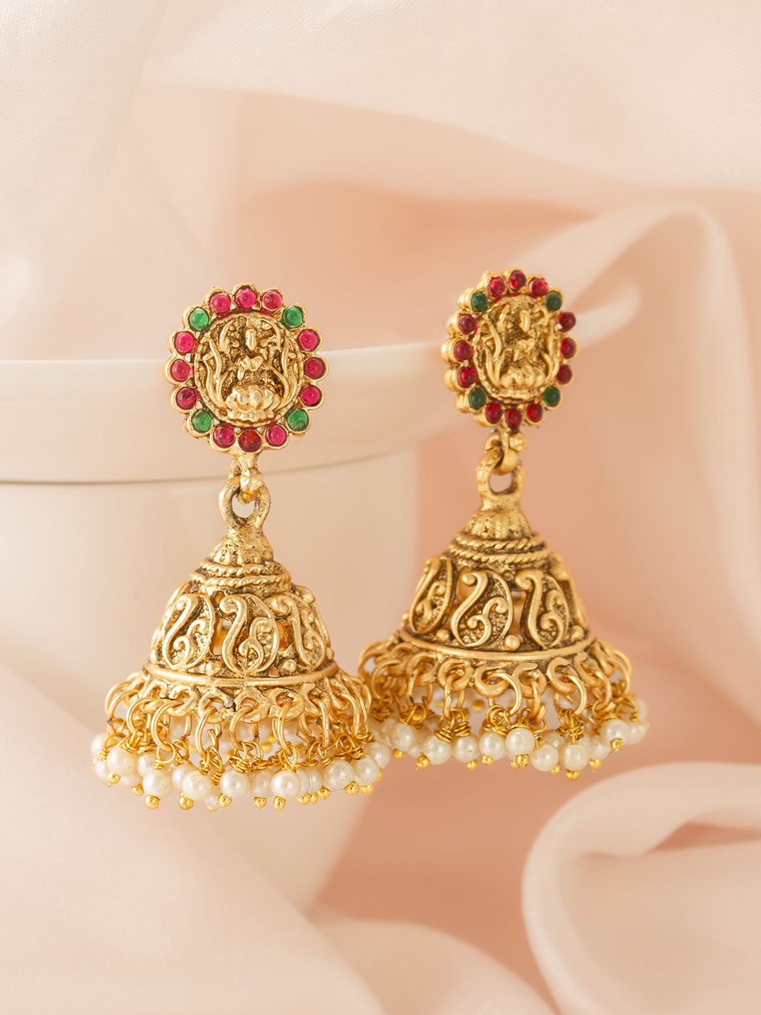 

aadita Gold Plated Stone Studded Dome Shaped Jhumkas