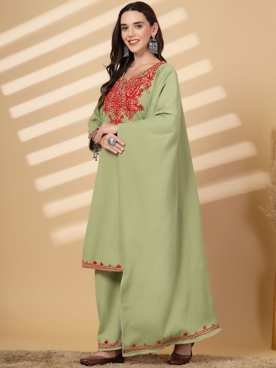 

Clora Creation Floral Embroidered Pure Wool Straight Kurta With Palazzos & Dupatta, Green