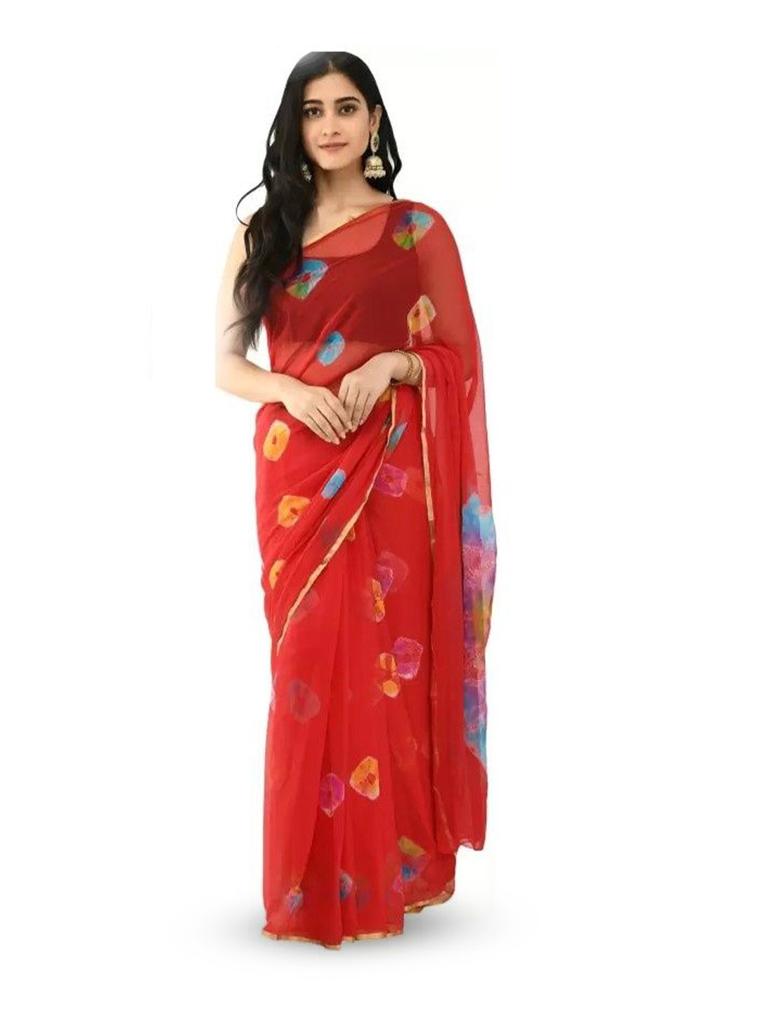 

Reboot Fashions Tie and Dye Zari Pure Chiffon Saree, Red