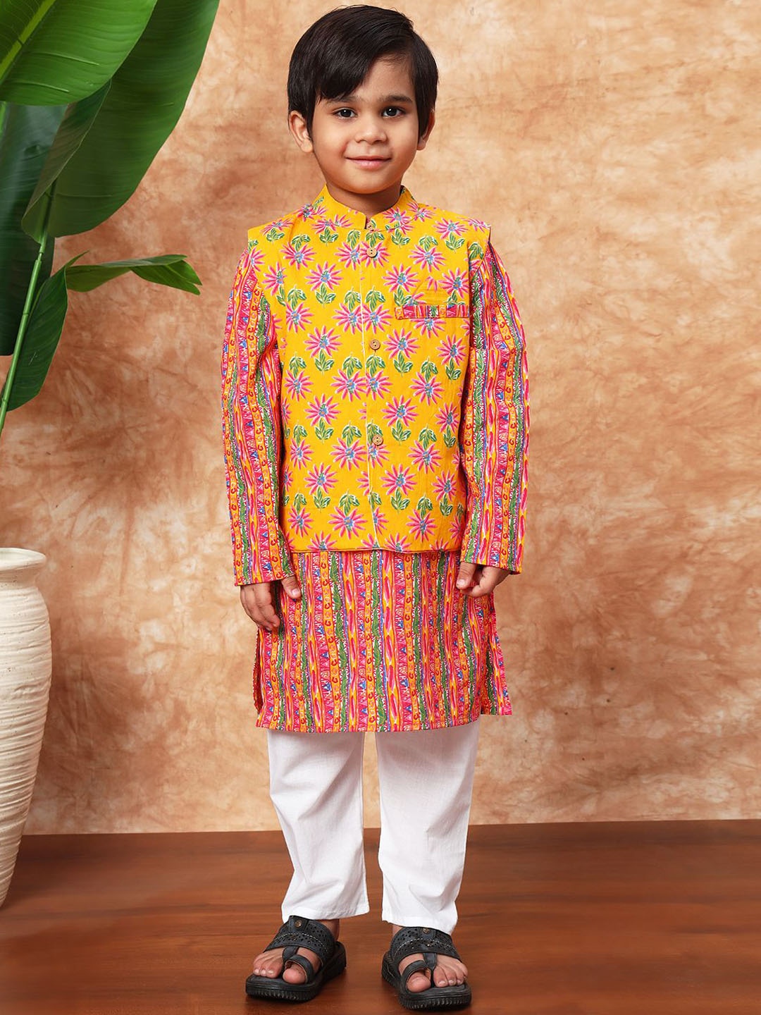 

Readiprint Boys Floral Printed Pure Cotton Kurta & Pyjama With Nehru jacket, Mustard