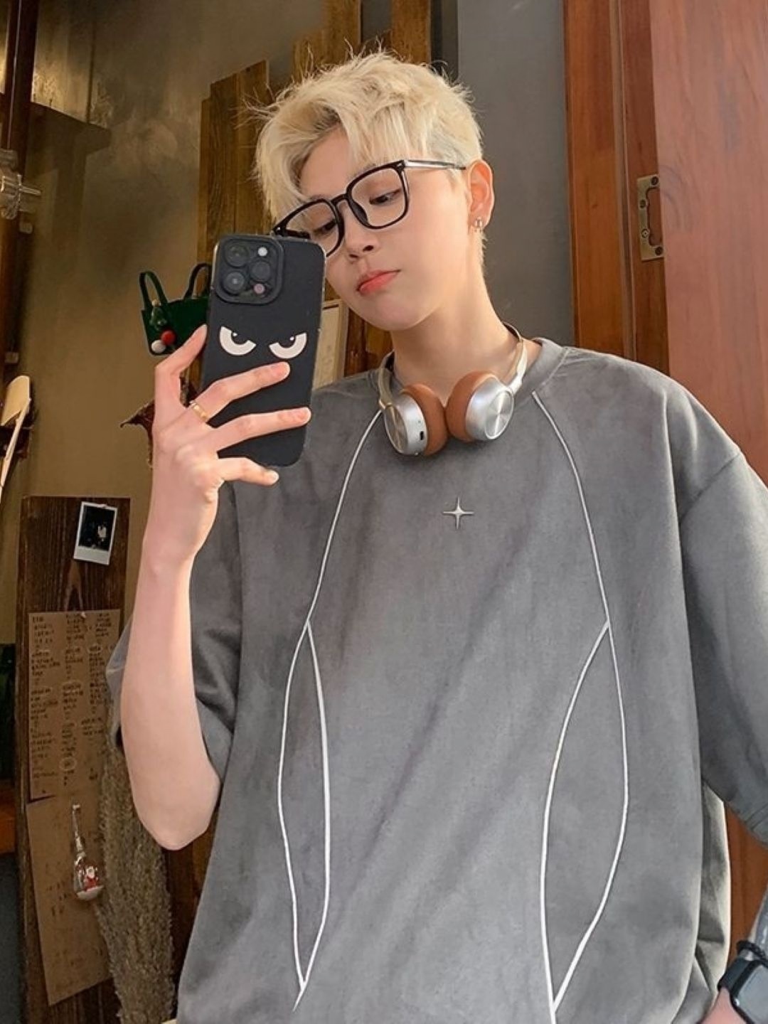 

HERE&NOW Men Striped Round Neck Oversized T-shirt, Grey
