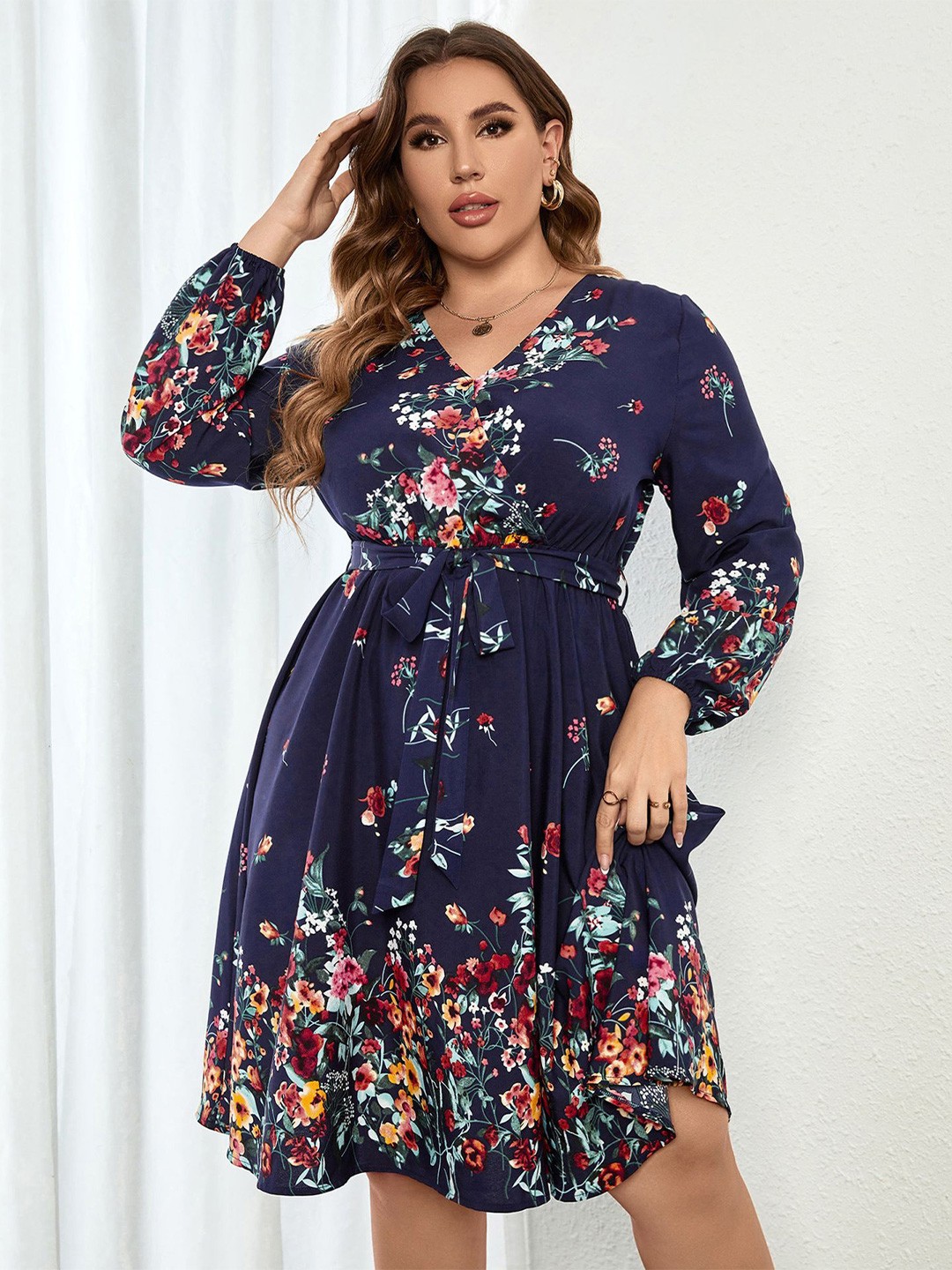 

StyleCast Curve Women Plus Size Floral Printed A-Line Dress, Navy blue