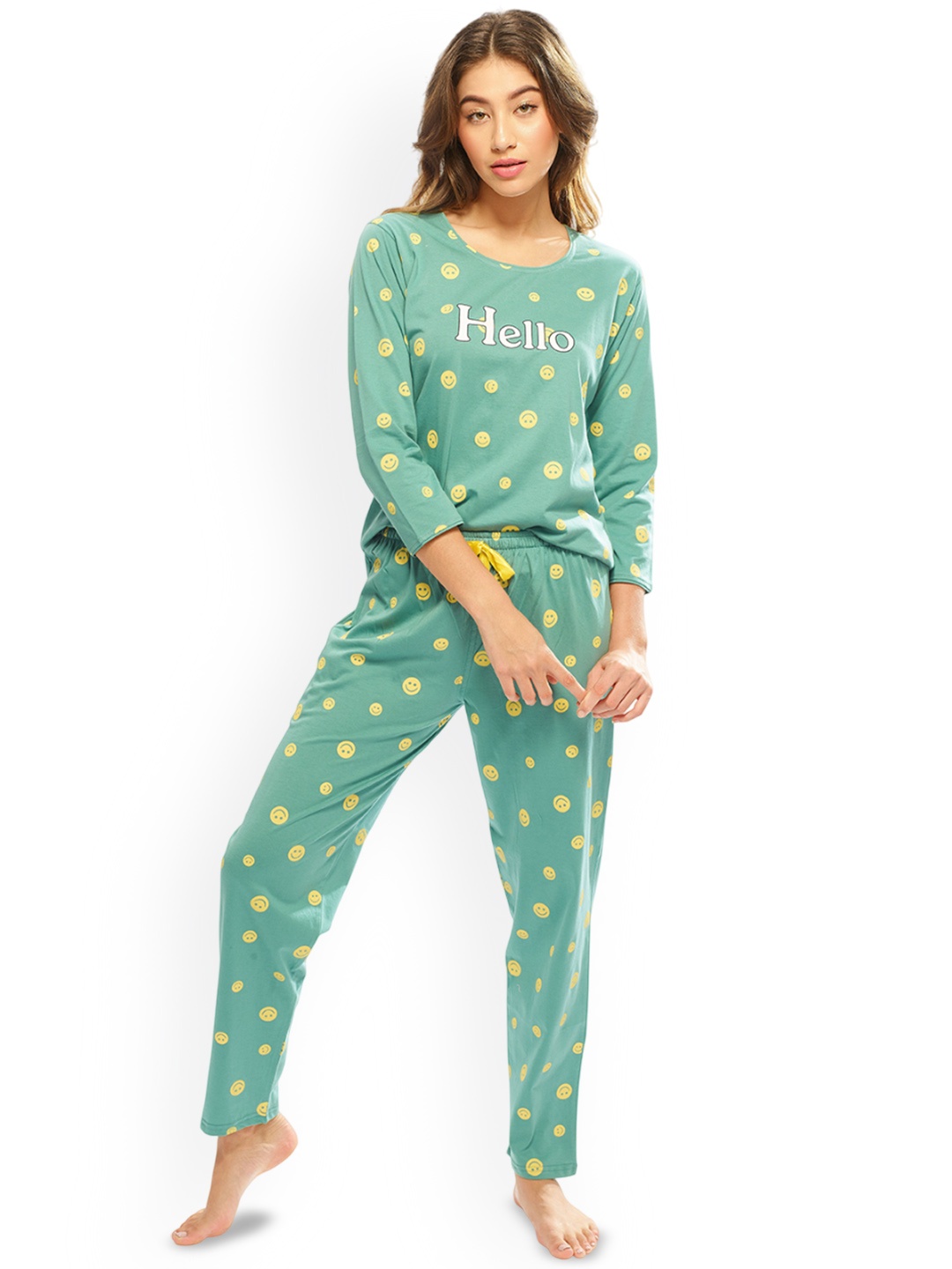 

Lotik Women Printed Round Neck Night suit, Green