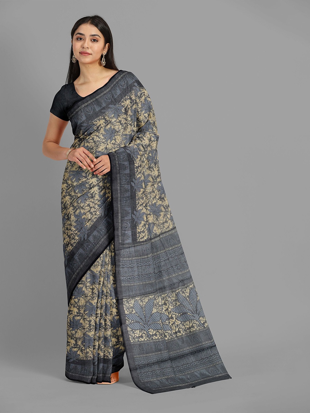 

The Chennai Silks Floral Printed Pure Cotton Muga Saree, Beige
