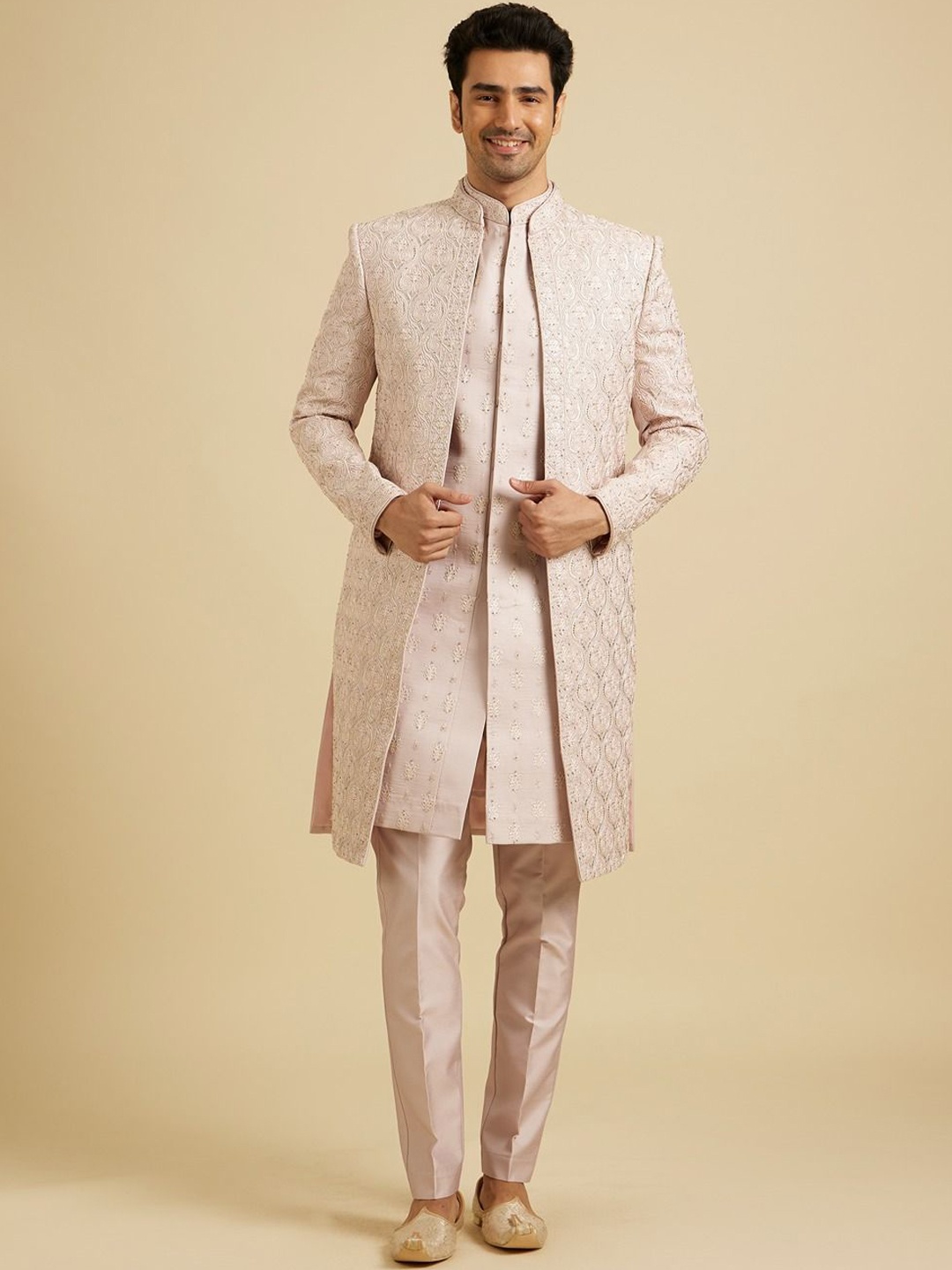 

Manyavar Men Sequin Work Mandarin Collar Sherwani Set, Pink