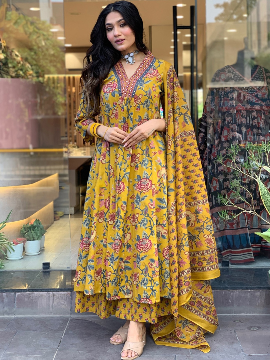 

Anni Designer Women Floral Printed V-Neck Anarkali Kurta with Palazzos & Dupatta, Yellow