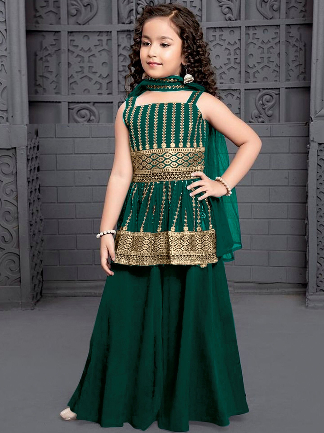 

BAESD Ethnic Motifs Embroidered Anarkali Kurta With Sharara & Dupatta, Green