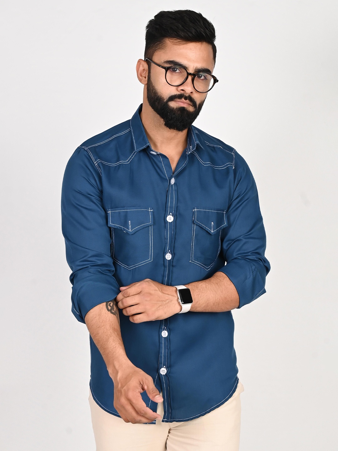 

Tanip Men Spread Collar Solid Cotton Casual Shirt, Teal