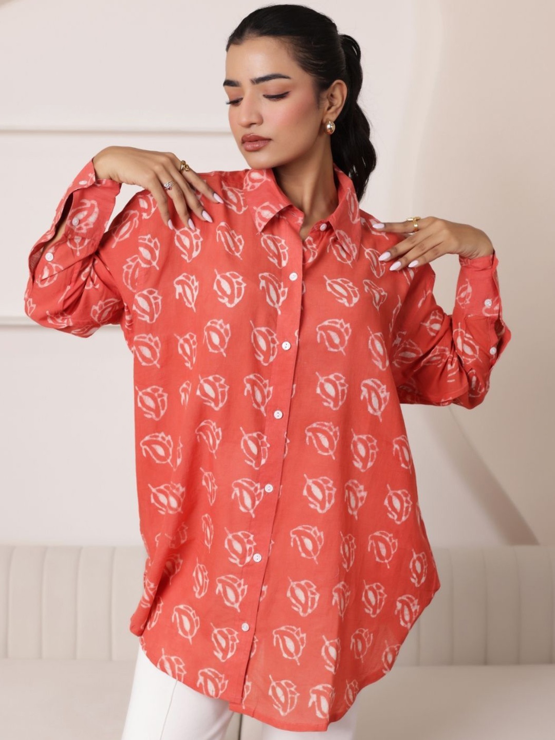 

SASSY SAJJA Women Comfort Conversational Printed Cotton Oversized Casual Shirt, Peach