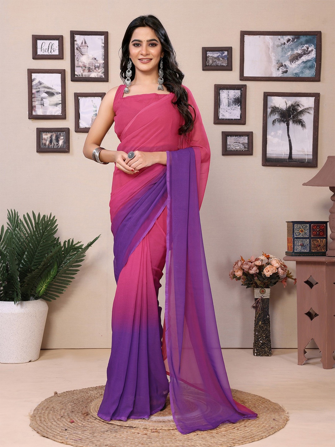 

LeeliPeeri Designer Ombre Pure Georgette Ready to Wear Saree, Pink