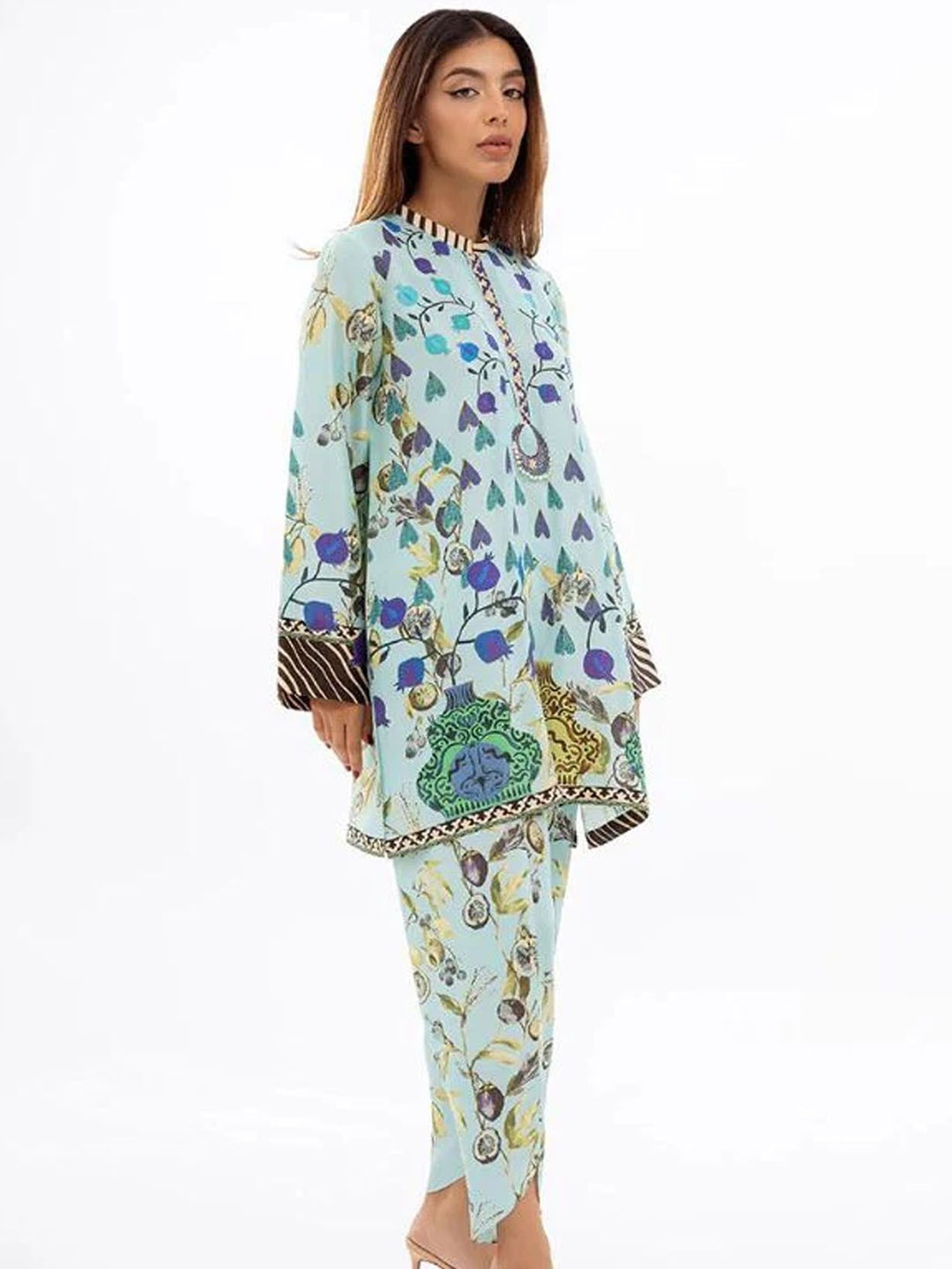 

Navvi Printed Mandarin Collar Tunic & Trousers, Blue