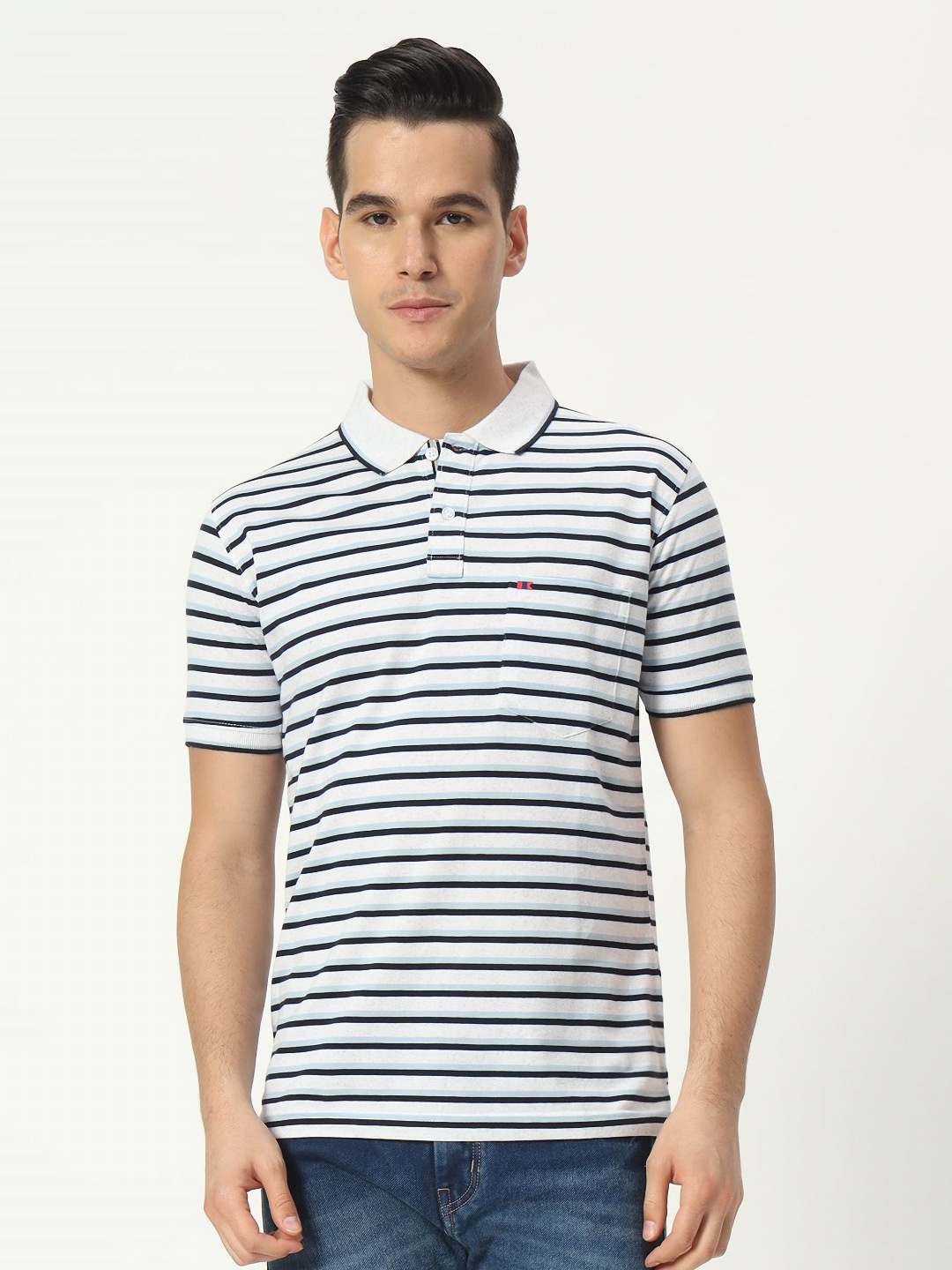 

TAB91 Men Striped Polo Collar Cotton T-shirt, Off white