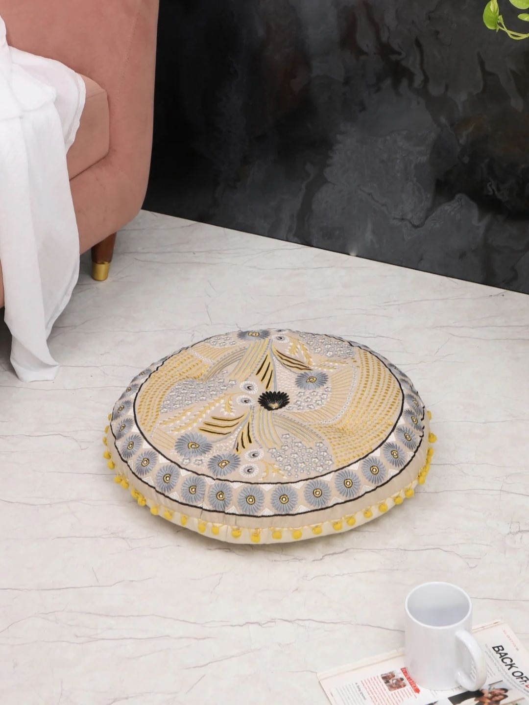 

Decoghar Yellow Floral Embroidered Cotton Floor Cushion