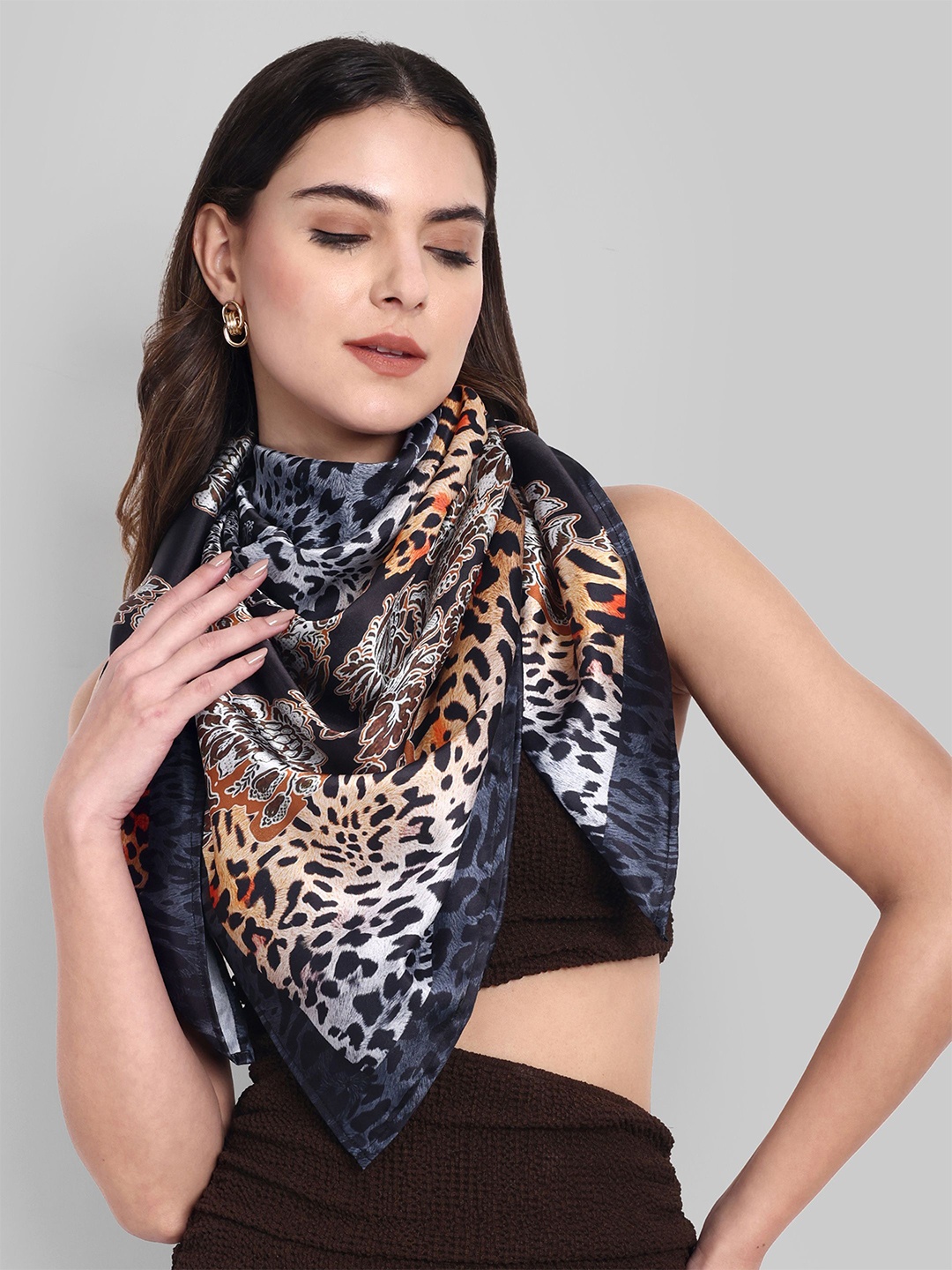 

Sarisp Women Animal Printed Satin Scarf, Black