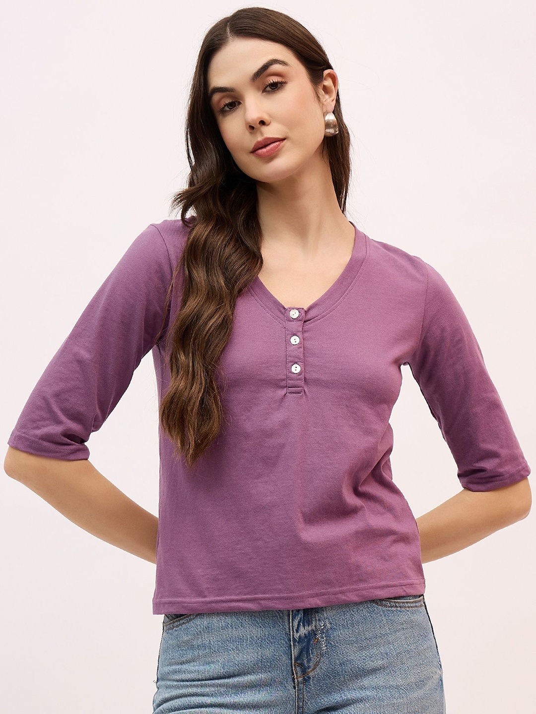 

Mayra Women Solid V-Neck Cotton T-shirt, Purple
