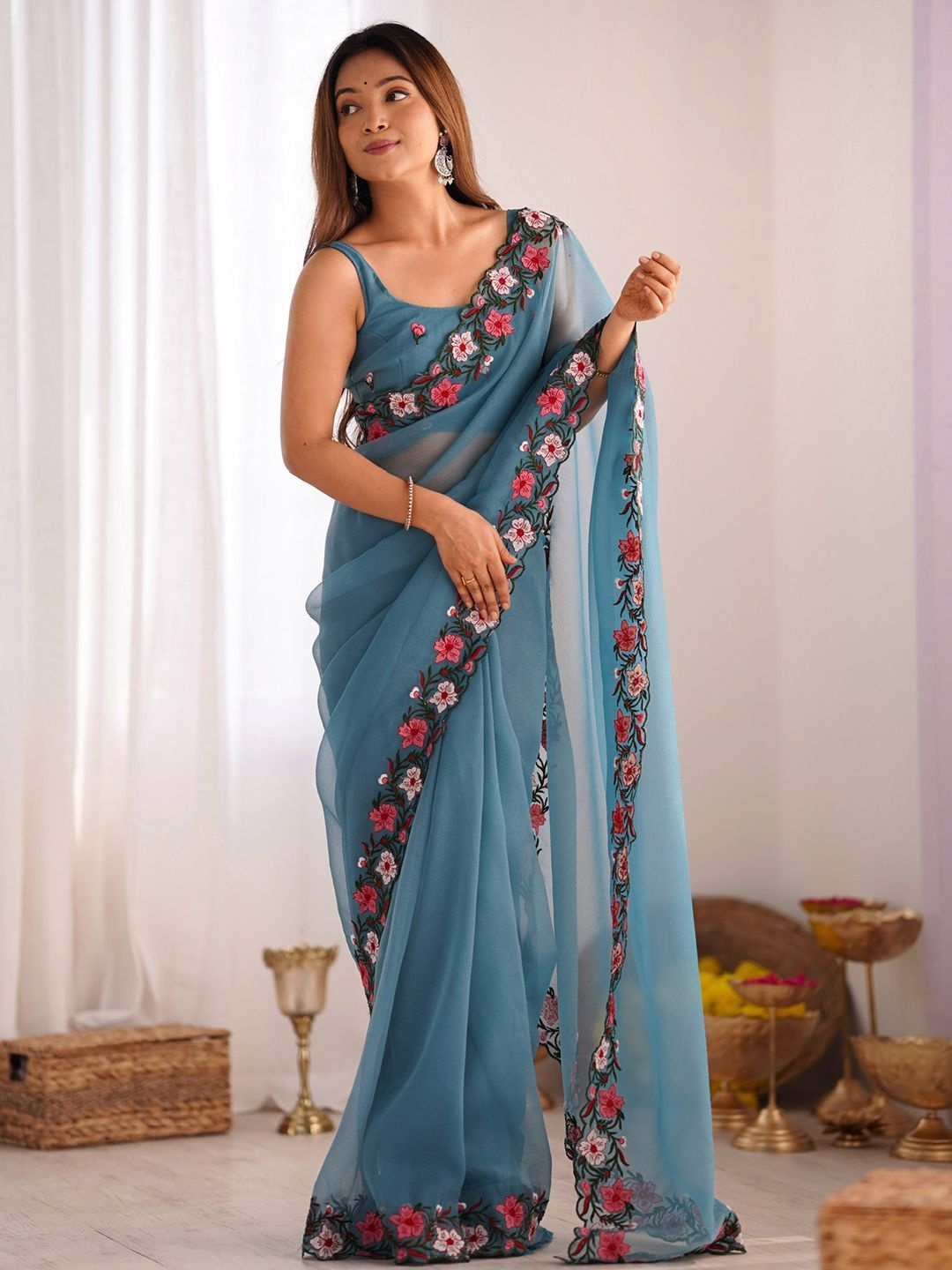 

Mitera Embroidered Silk Blend Saree, Blue