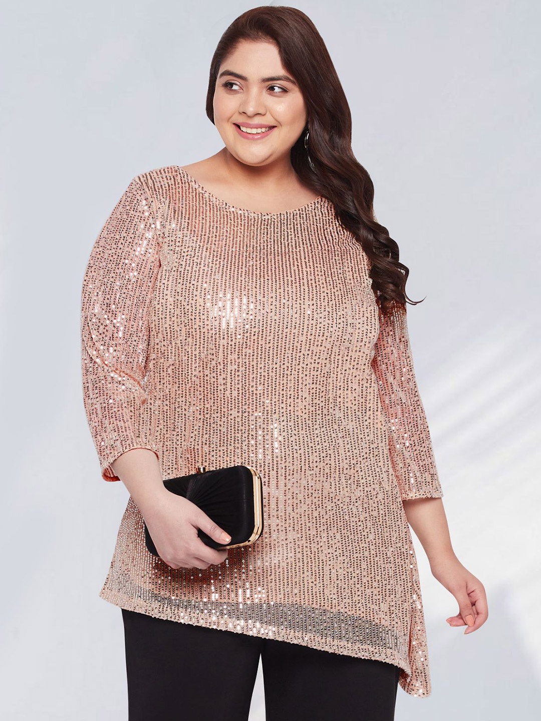 

wild U Women Plus Size Sequined Embellished Net Longline Top, Beige