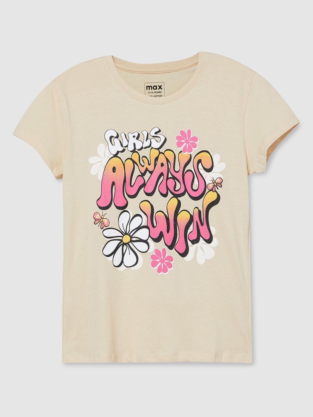 

max Girls Typography Printed Round Neck Cotton T-shirt, Beige