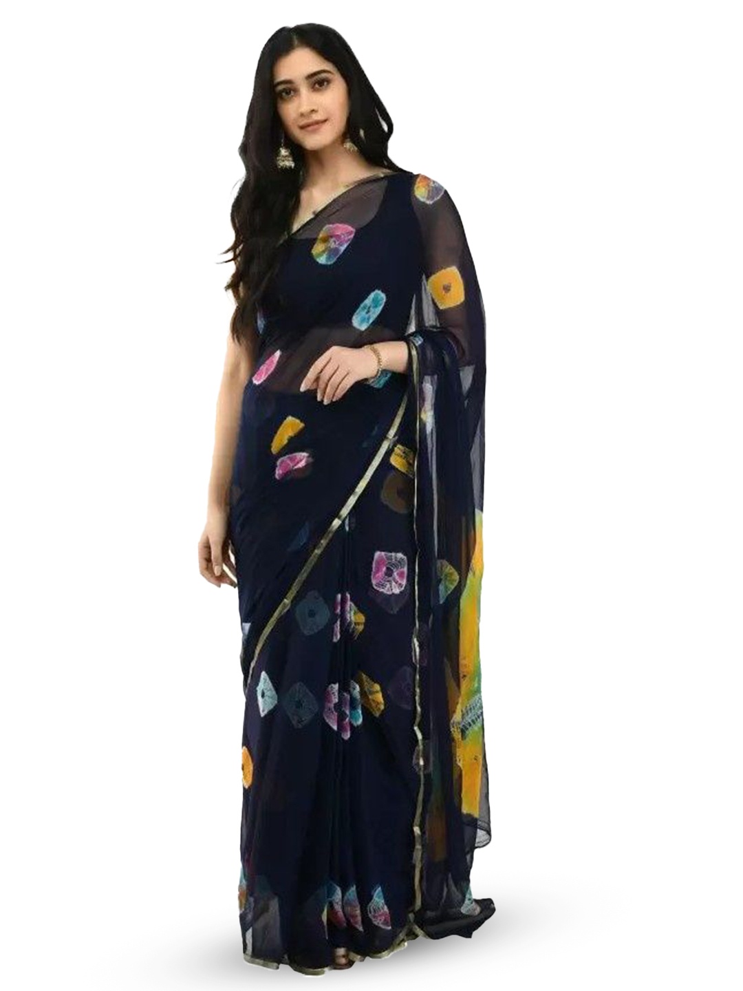 

Reboot Fashions Bandhani Printed Pure Chiffon Saree, Blue