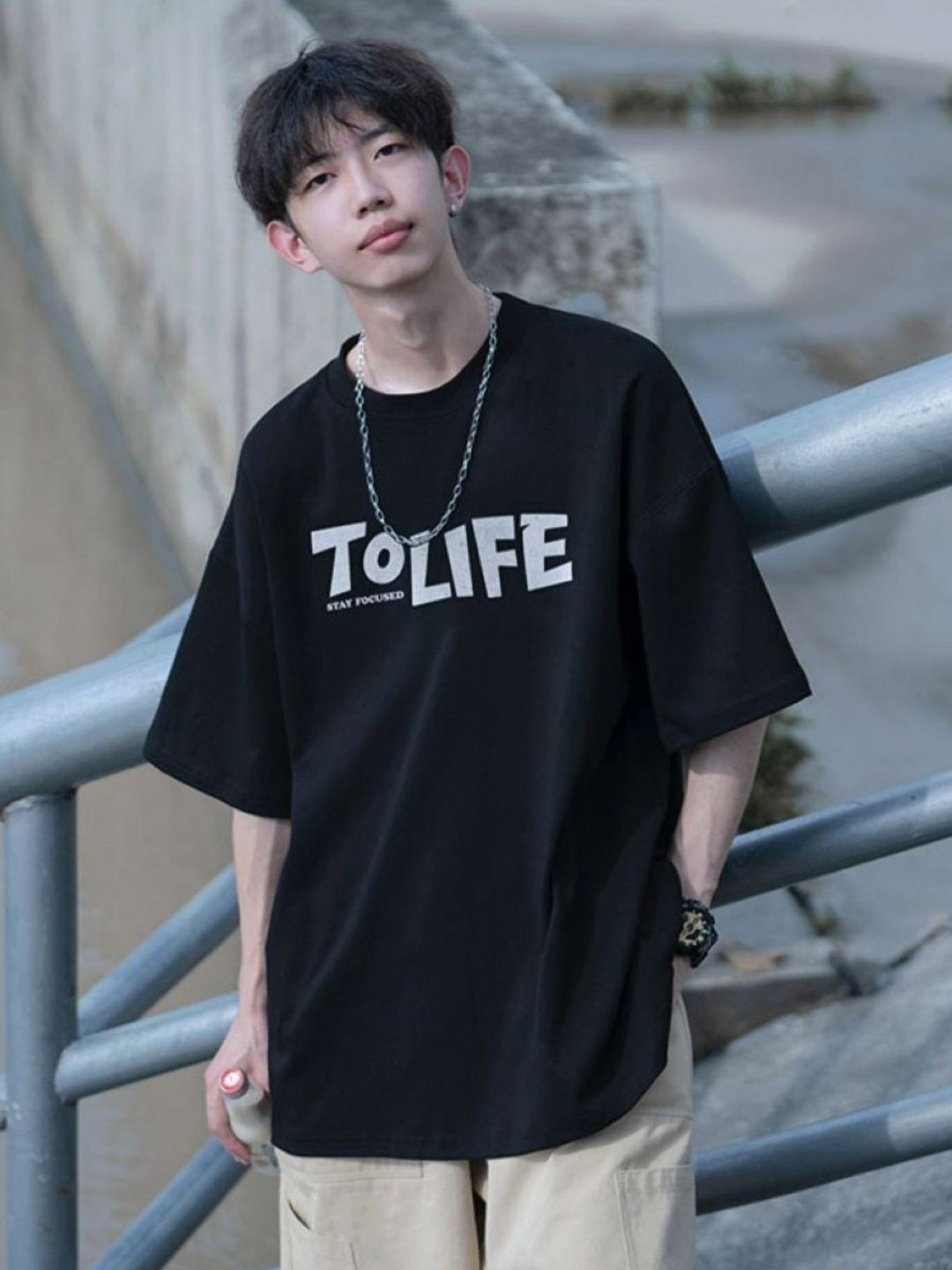 

HERE&NOW Men Typography Printed Round Neck Cotton Oversized T-shirt, Black