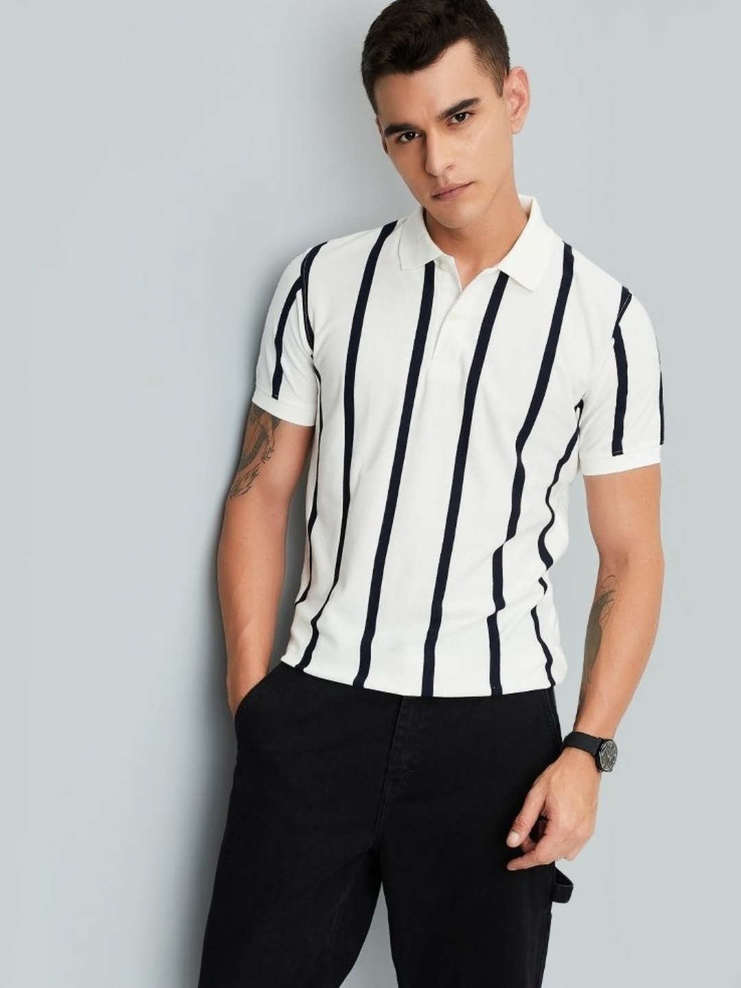 

max Men Striped Polo Collar Cotton T-shirt, White