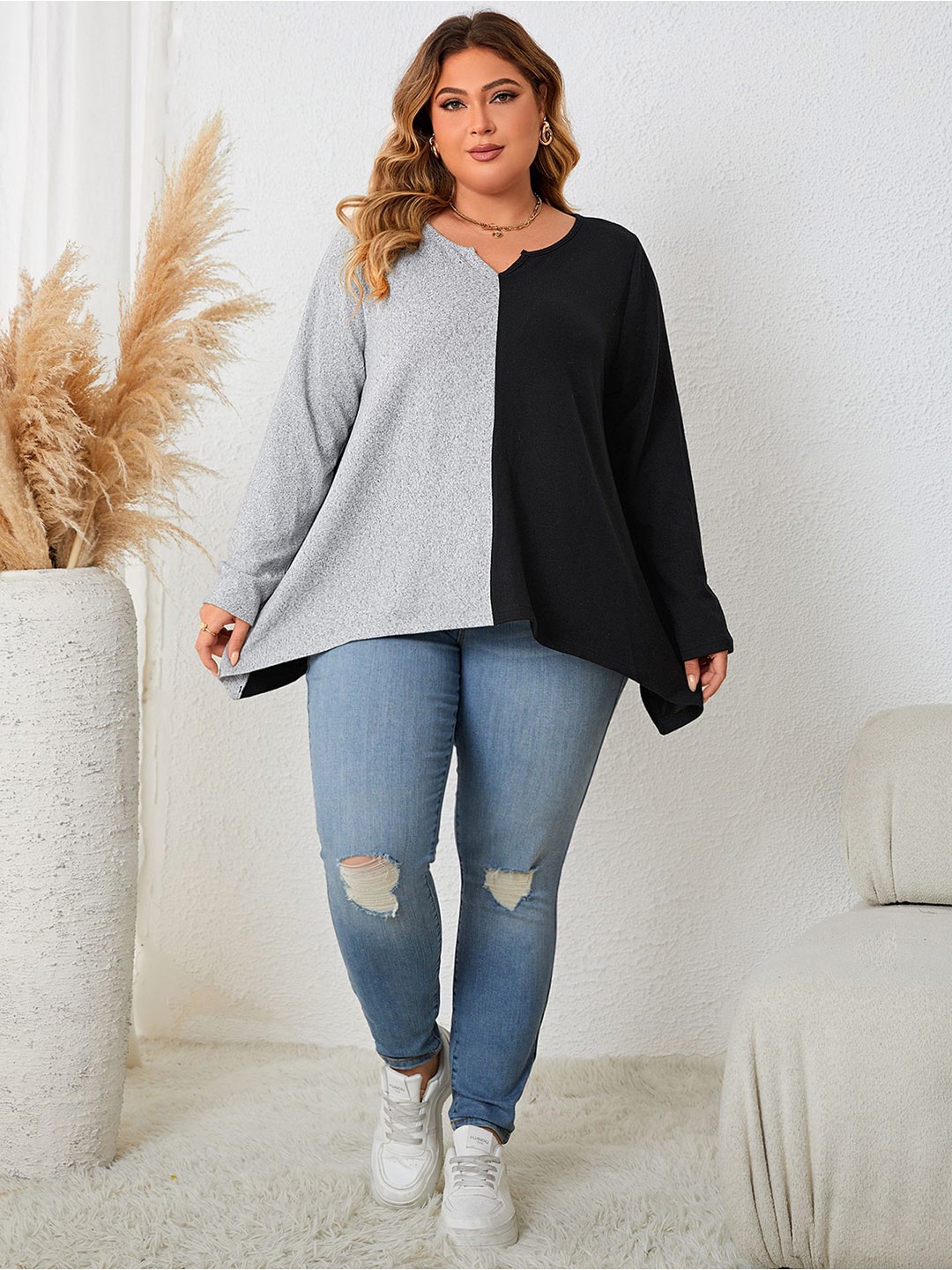 

StyleCast Curve Colourblocked Bishop Sleeves Top, Grey