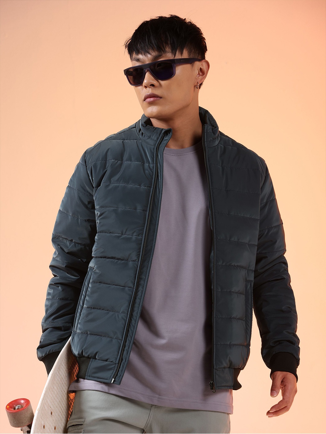 

Beyoung Men Mock Collar Solid Casual Padded Jacket, Navy blue