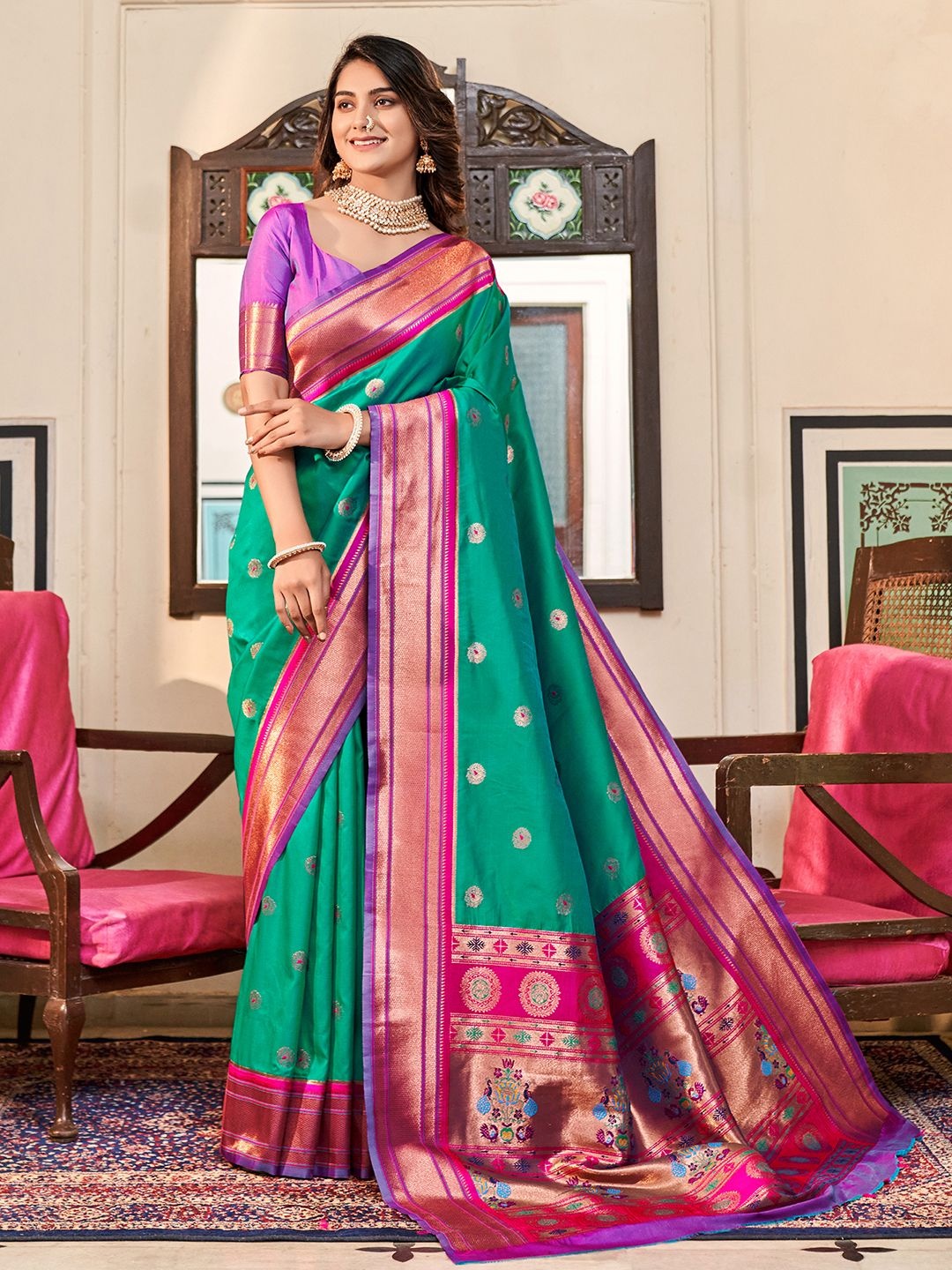 

Satrani Woven Design Pure Silk Banarasi Saree, Green