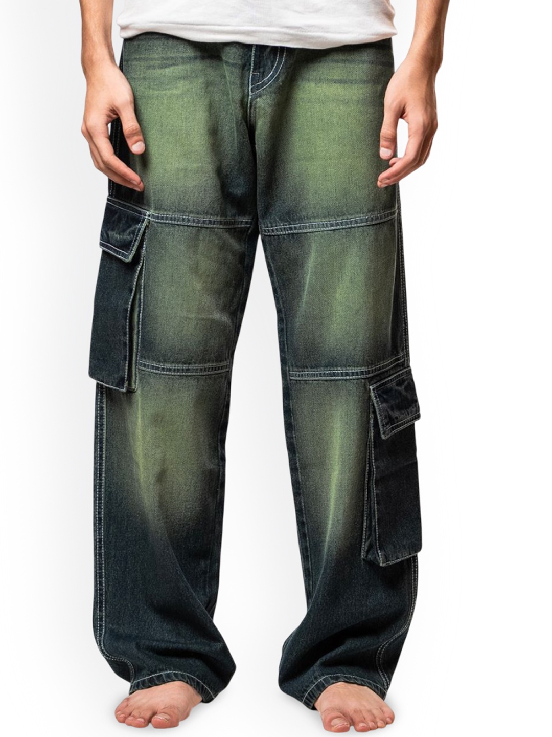 

Bad and Boujee Unisex Relaxed Fit Low Distress Heavy Fade Stretchable Jeans, Green