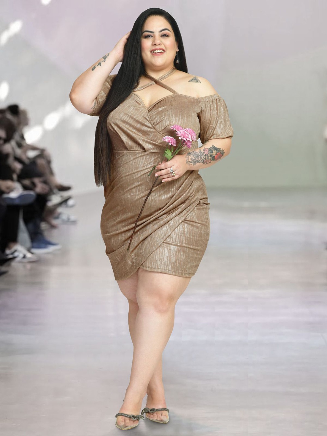 

wild U Women Puff Sleeve Bodycon Dress Plus Size, Beige