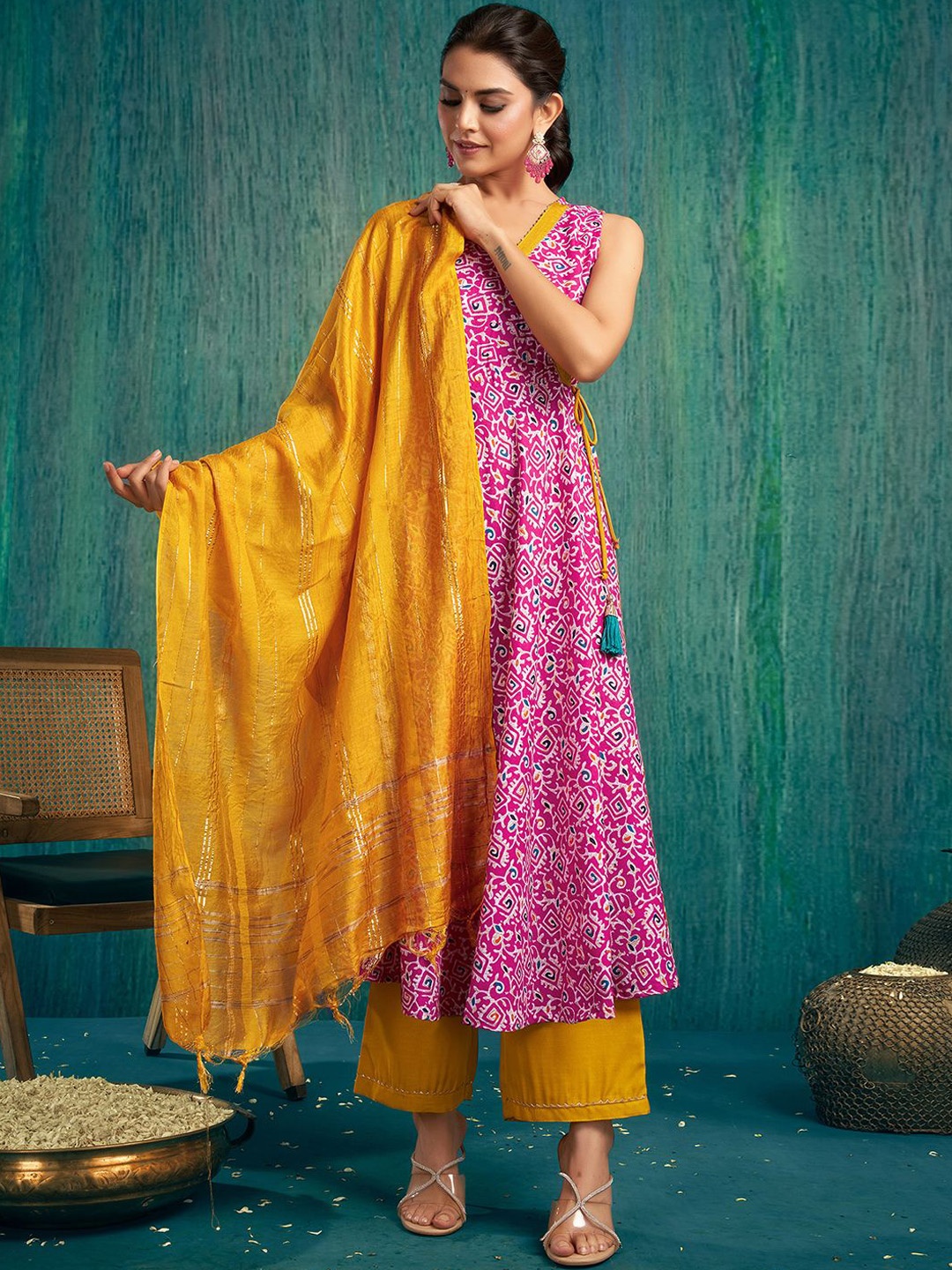 

KALINI Ethnic Motifs Printed Angrakha Anarkali Kurta with Palazzos & Dupatta, Pink