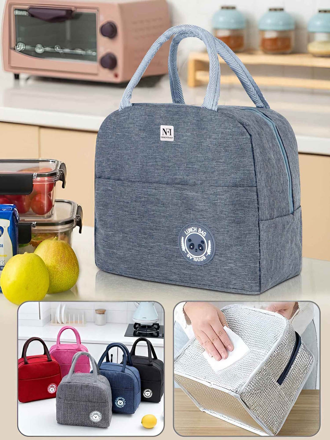 

NFI essentials Unisex Solid Insulated Lunch bags Travel Accessory, Grey