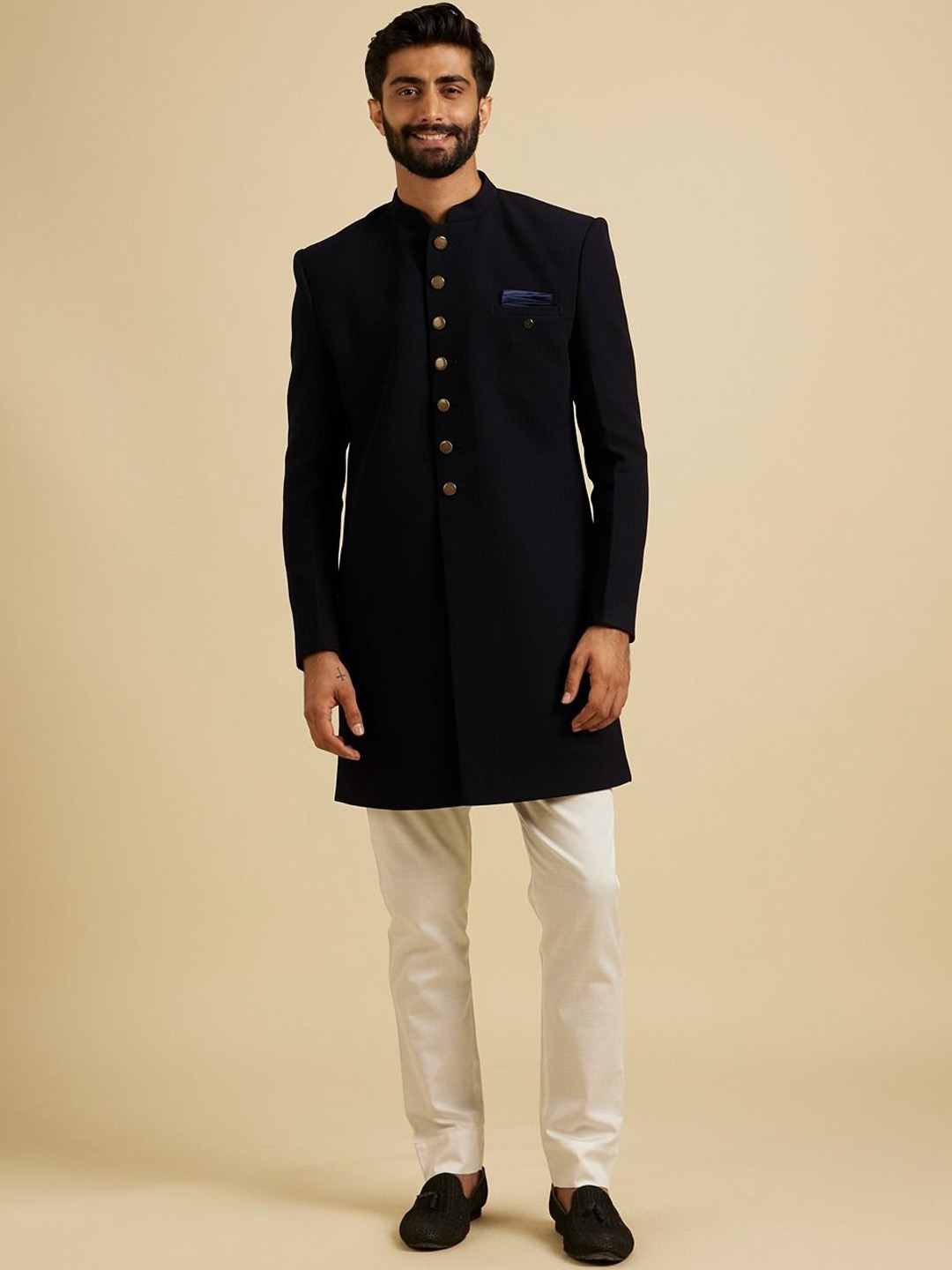 

Manyavar Mandarin Collar Sherwani Set, Navy blue