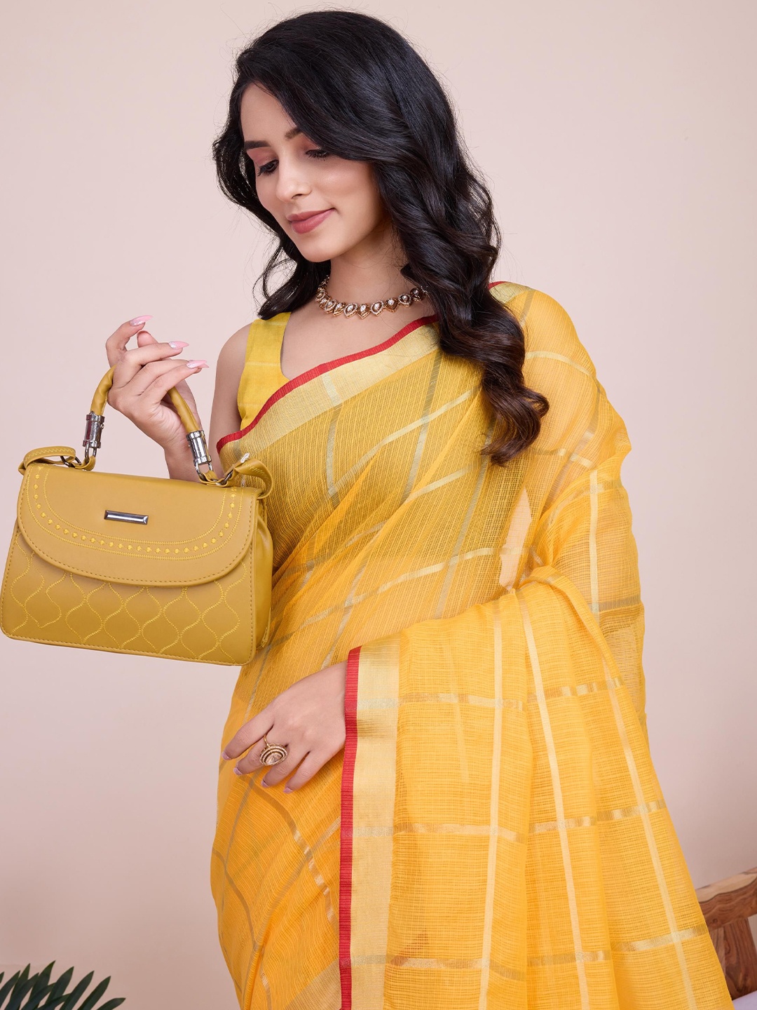 

Mitera Woven Design Checked Zari Saree, Yellow