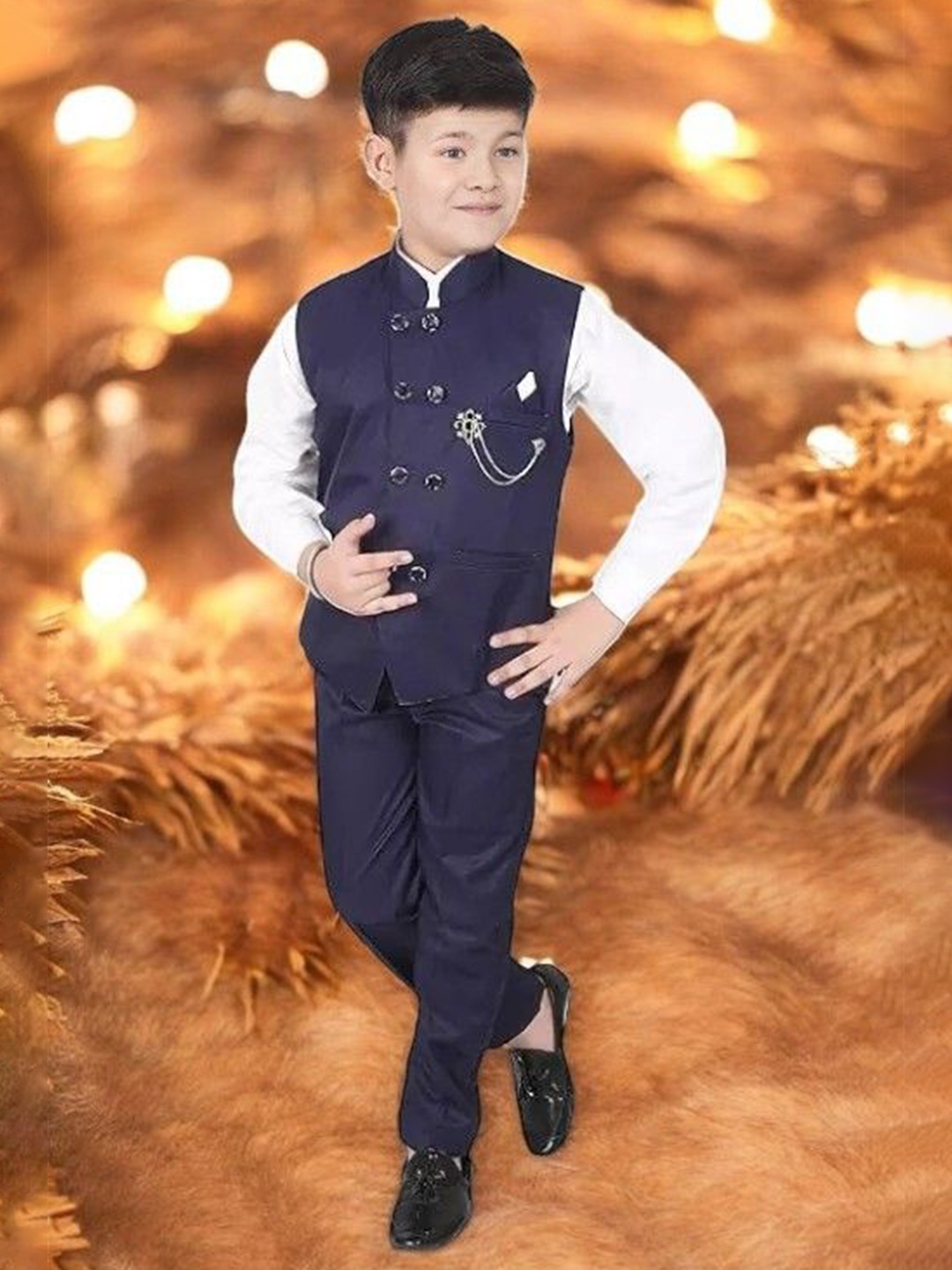 

Eliq Boys Long Sleeves Party Shirt With Trousers & Waistcoat, Navy blue