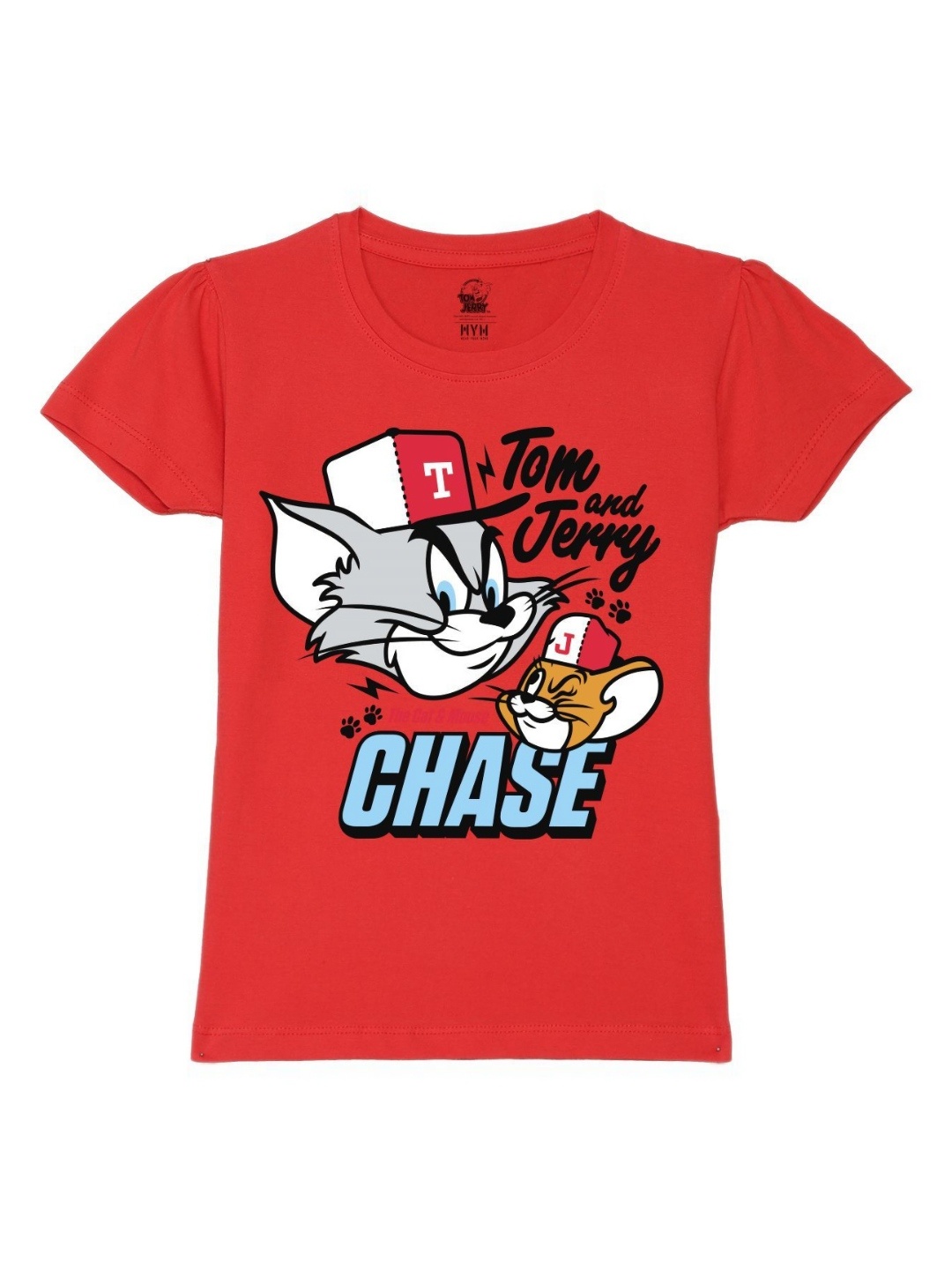 

Wear Your Mind Girls Tom & Jerry Graphic Printed Round Neck Pure Cotton T-shirt, Red