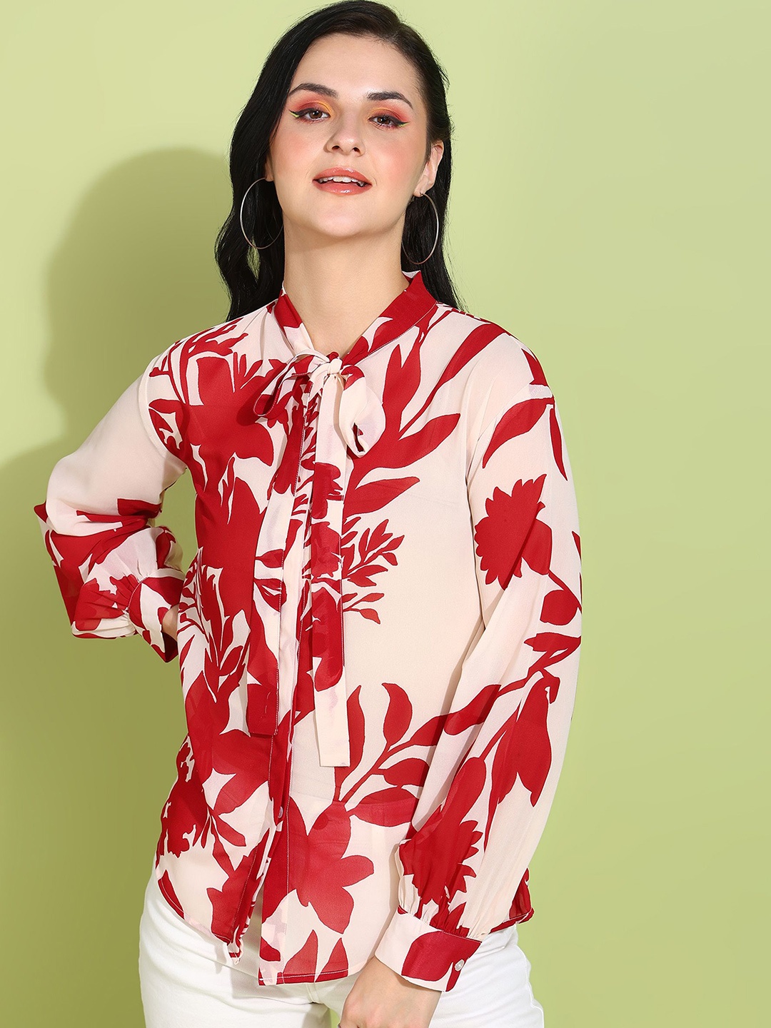 

all about you Women Classic Mandarin Collar Floral Printed Formal Shirt, Cream