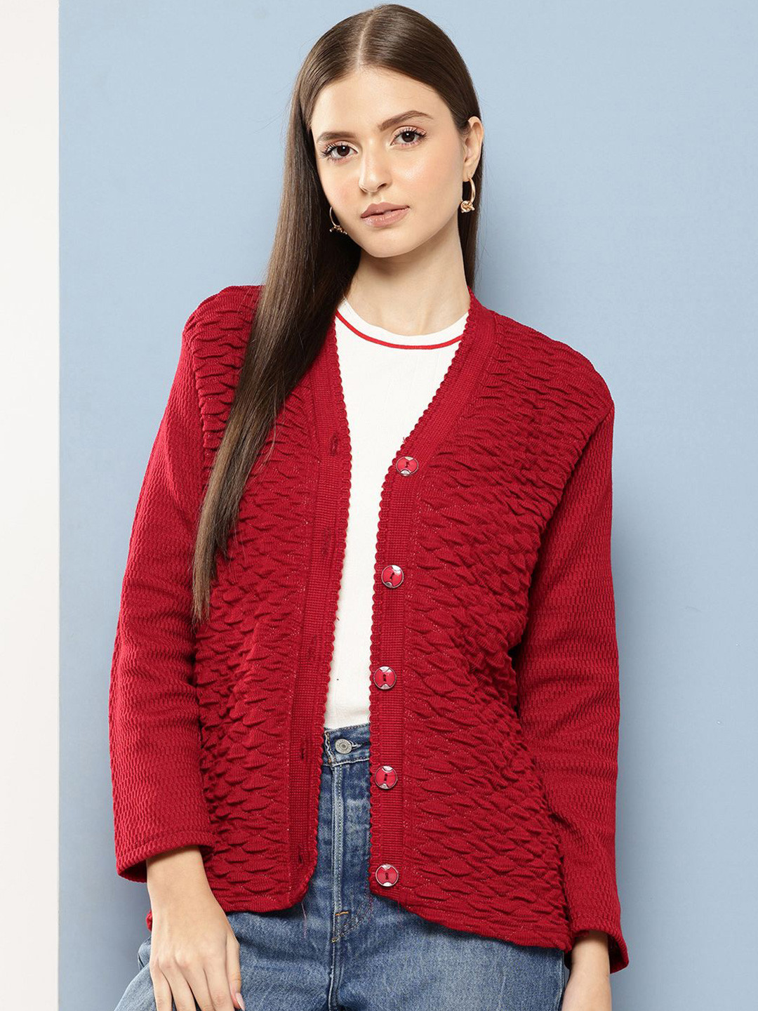 

BAESD Women Geometric Self Design Cardigan, Red