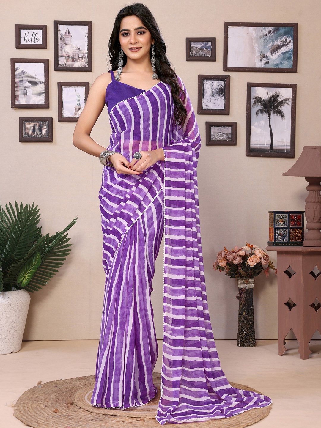 

LeeliPeeri Designer Striped Pure Georgette Ready to Wear Saree, Lavender