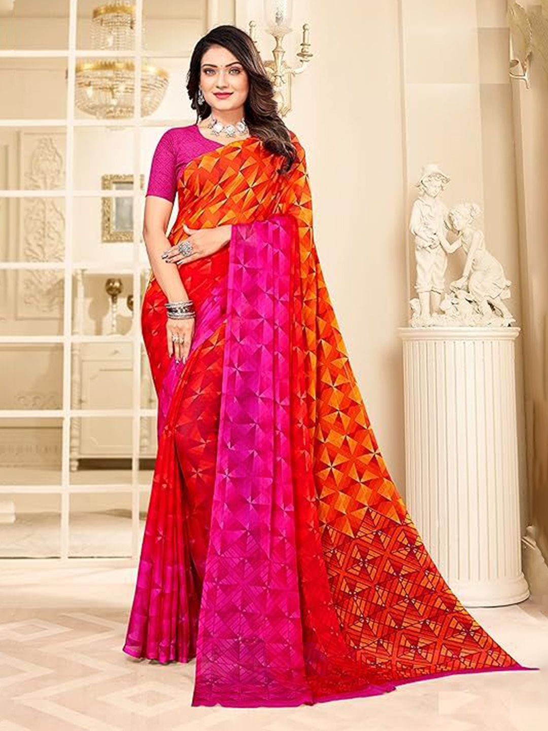 

Reboot Fashions Printed Pure Chiffon Saree, Orange