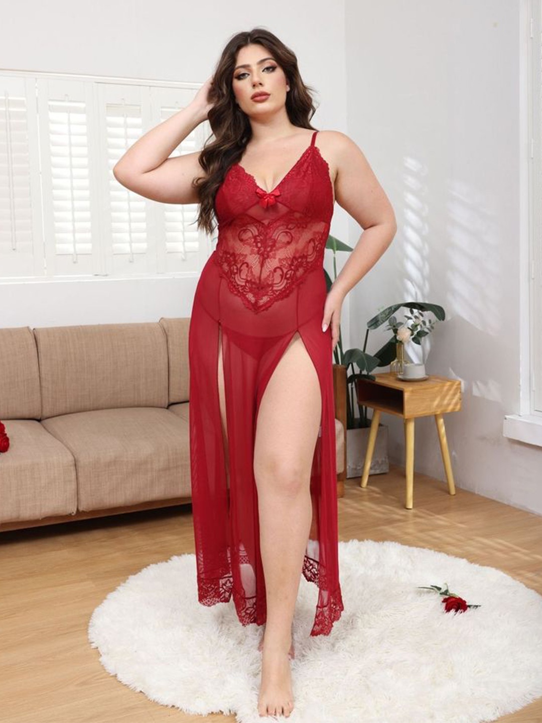 

LULU & SKY Women Plus Size Self Design Baby Doll, Red