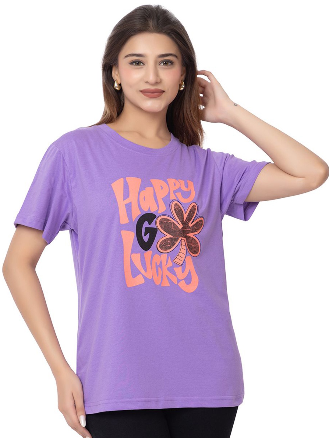 

HILFIRE REGION Women Typography Printed Round Neck Cotton T-shirt, Lavender