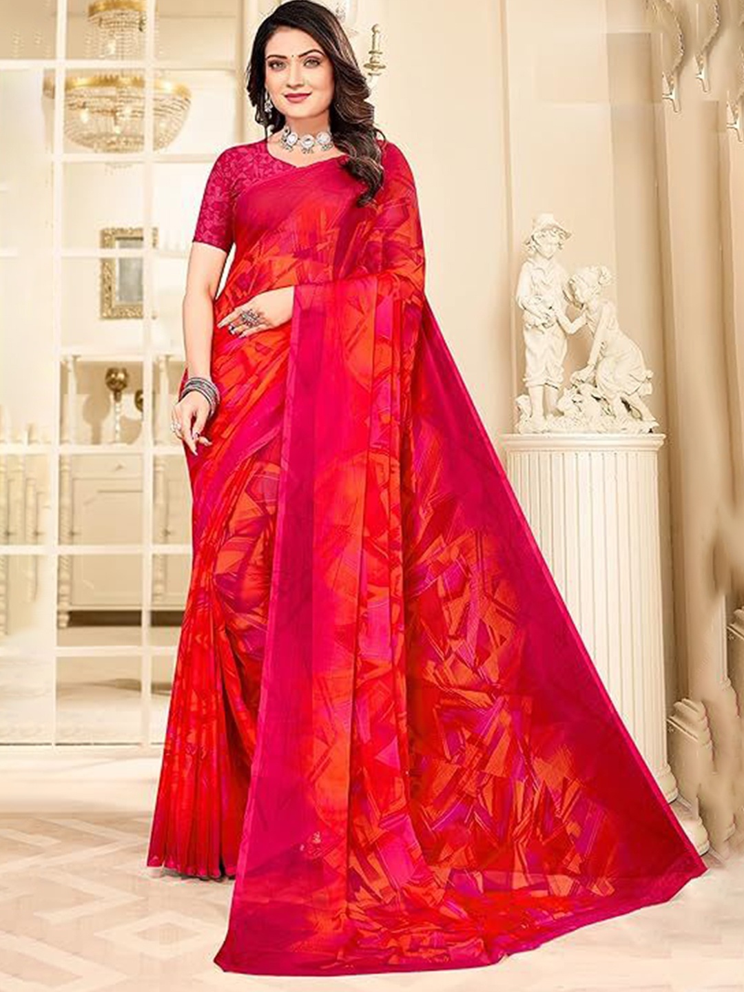 

Reboot Fashions Printed Pure Chiffon Saree, Pink