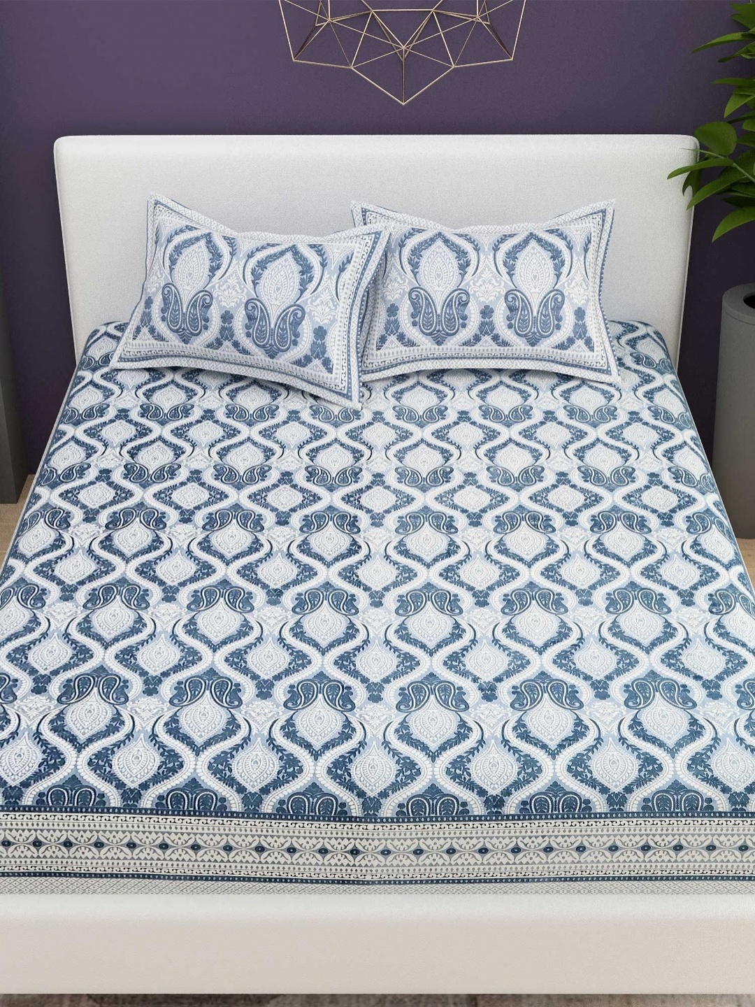 

Adwitiya Blue & White Ethnic Motifs 200 TC Pure Cotton Double King Bedsheet Set 2.41 m x 2.74