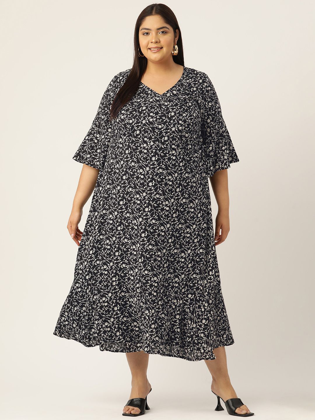 

theRebelinme Women Plus Size Floral Printed A-Line Midi Dress, Black