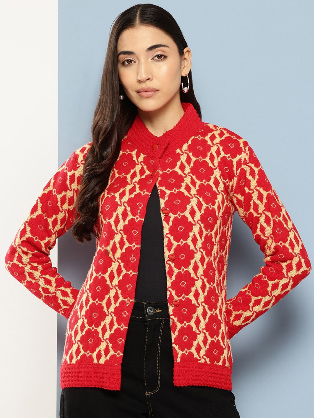 

BAESD Women Floral Self Design Woollen Cardigan, Red
