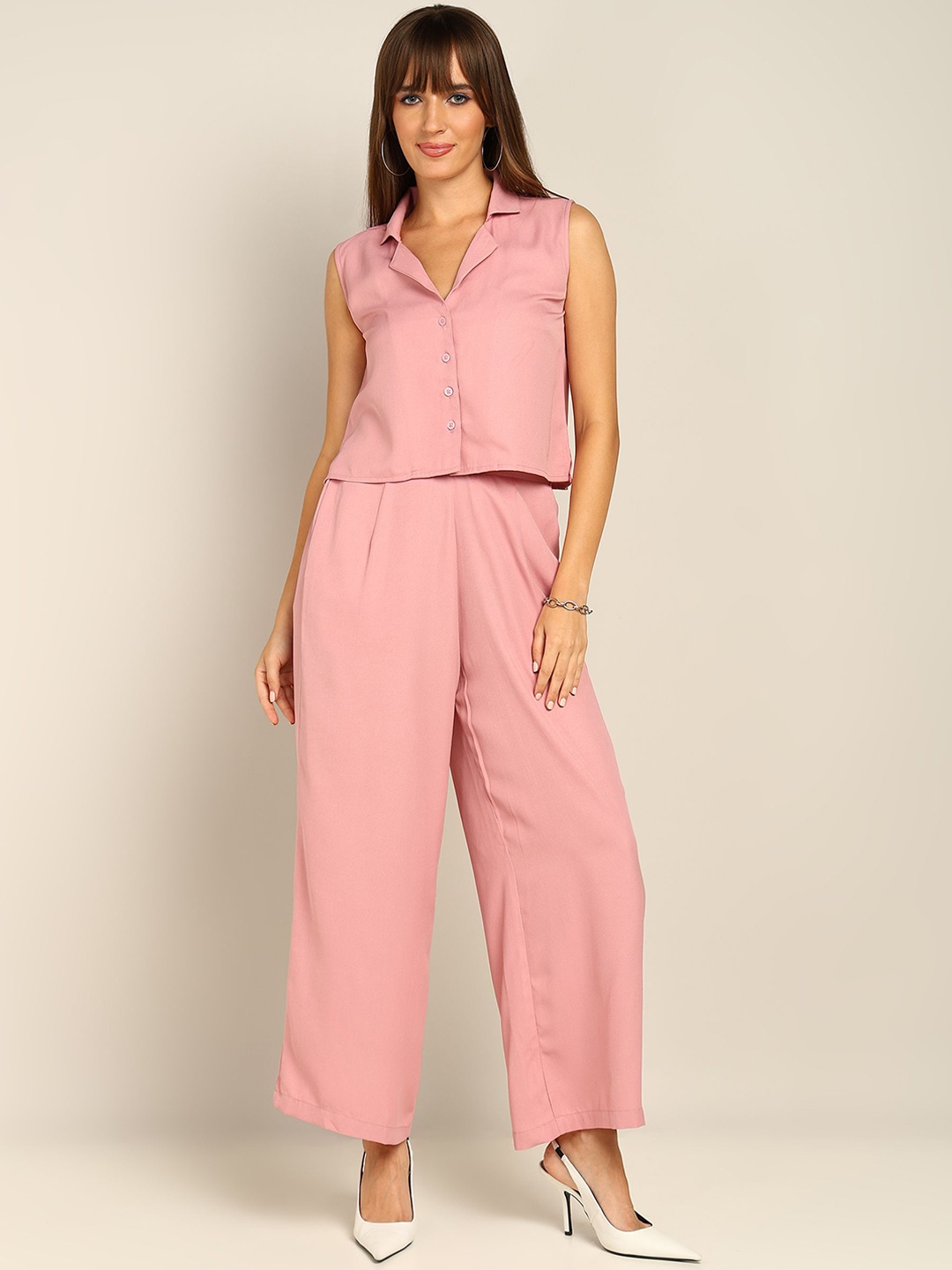 

DressBerry Pink Shirt Collar Sleeveless Shirt With Trouser
