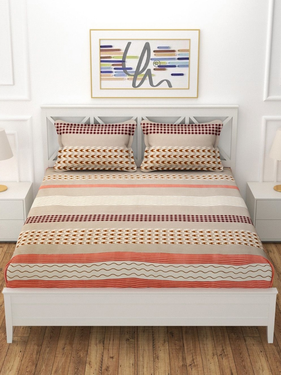 

YaAkholic Beige & Pink Striped 210 TC King Bedsheet with 2 Pillow Covers
