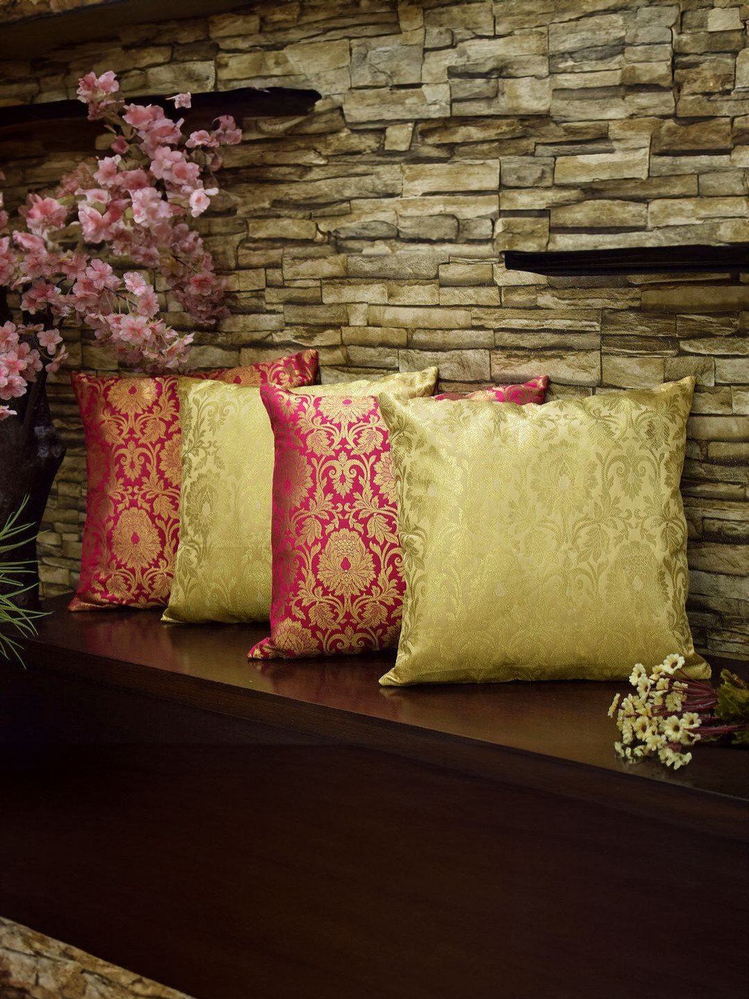

RoyalDeco Pink & Gold-Toned 4 Pieces Embroidered Brocade Silk Square Cushion Covers